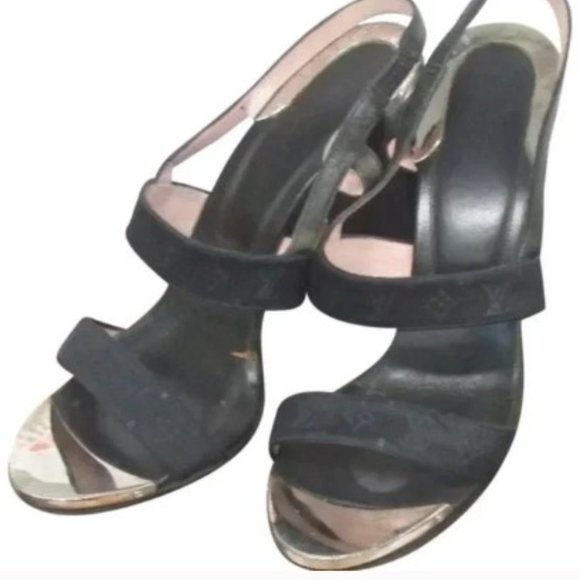 Louis Vuitton Shoes - L Vuitton black chrome silver open toe logo pumps